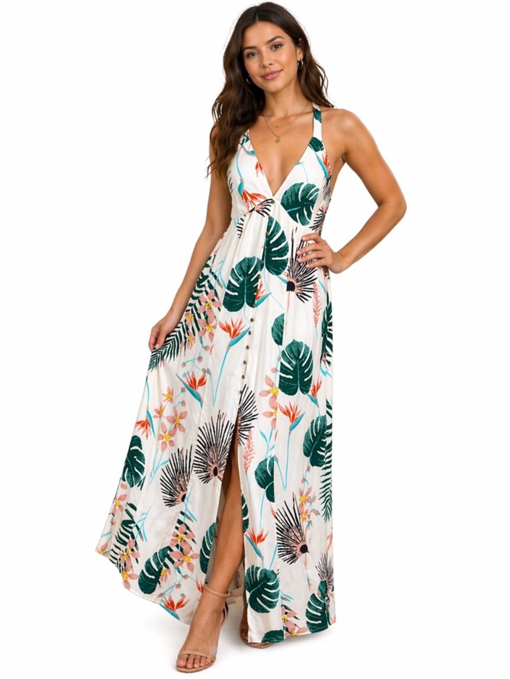 Tropical V-Neck Maxi Dress in White with Green Leaf Print